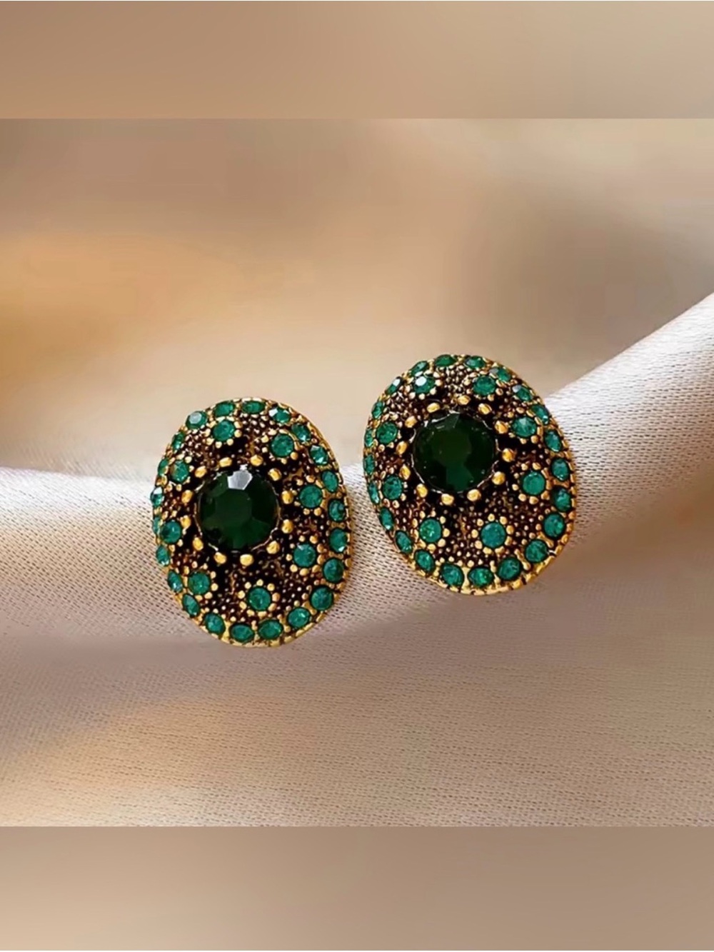 Green Crystal Oval Stud Earrings - Emerald Tone - Picture 3 of 6